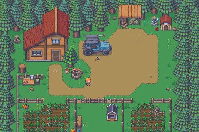 The Wink Coffee Farm — a pixel-art homestead with a little house, garden plots, and rolling green fields